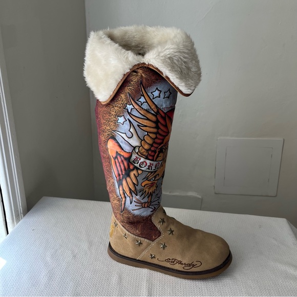 Ed Hardy Y2K Fur Star Studded Graphic Boots - Picture 5 of 7